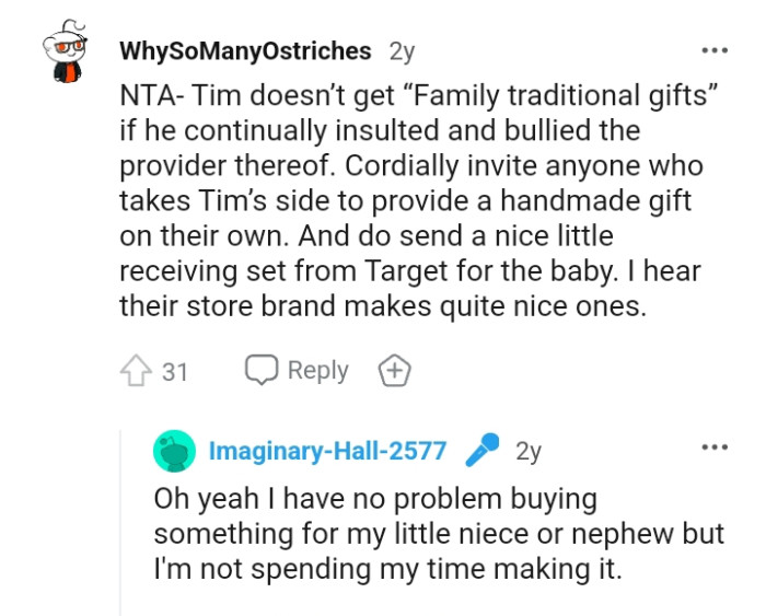 The OP has no problem buying something for the baby