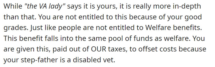 A Redditor said the OP has the right to the VA money just because her stepdad allowed it