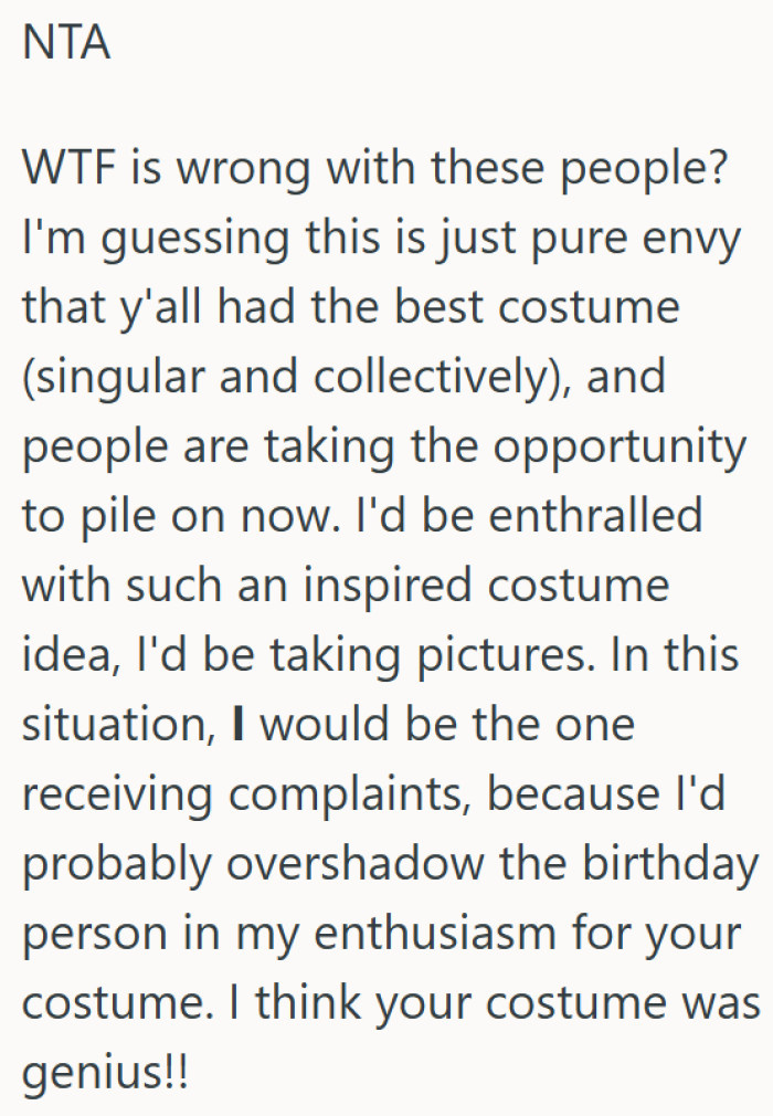 People reacted with envy and criticized a creative costume idea.