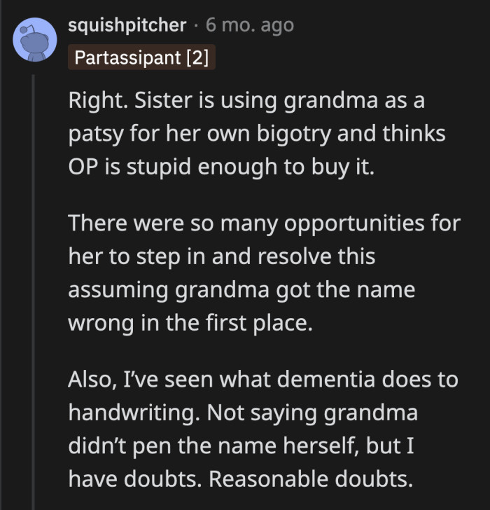 If the Cake Was Iced Flawlessly, Then It's Doubtful If OP's Grandma Wrote Alexis's Deadname by Herself.