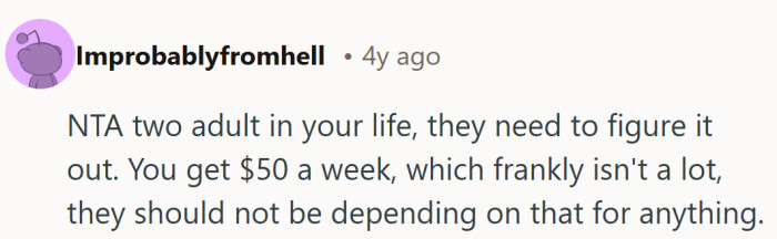 Reality check that quietly points out how strange it is for two adults to lean on a teenager’s fifty dollar paycheck.