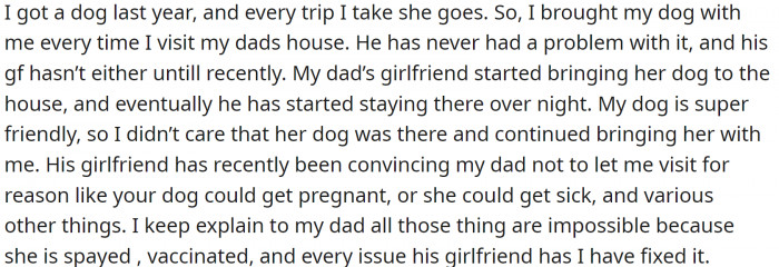 OP has made it clear that she is respectful but doesn't like her. She has a dog and has been bringing it with her every time she visits her dad's house