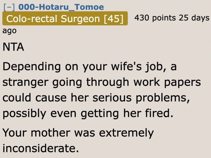 It could cost the OP's wife her job if someone else looks at certain documents.