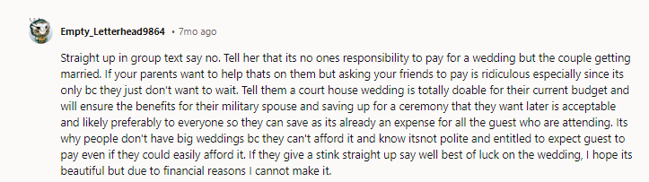 She has the audacity to even ask. It's never acceptable to ask others to pay for your wedding.  NTA.