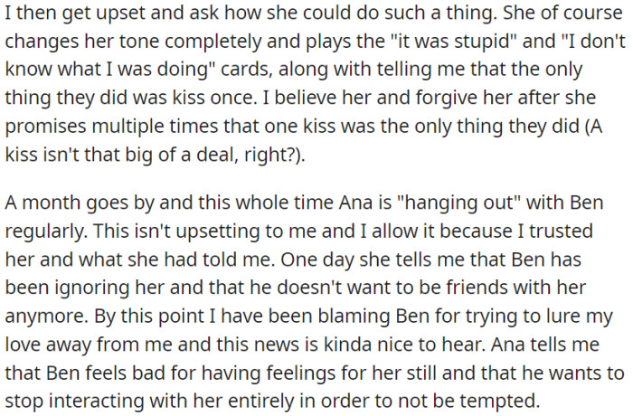 One week after being apart, OP has decided to forgive her and regain trust, even though she is still spending time with the individual with whom she was unfaithful.