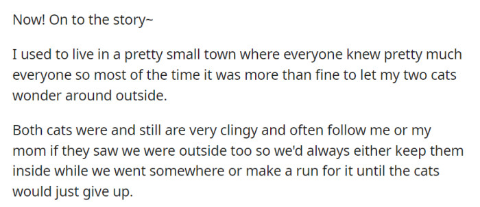 In a close-knit small town, OP's clingy cats always tagged along, prompting humorous escape routines whenever they needed to leave home.