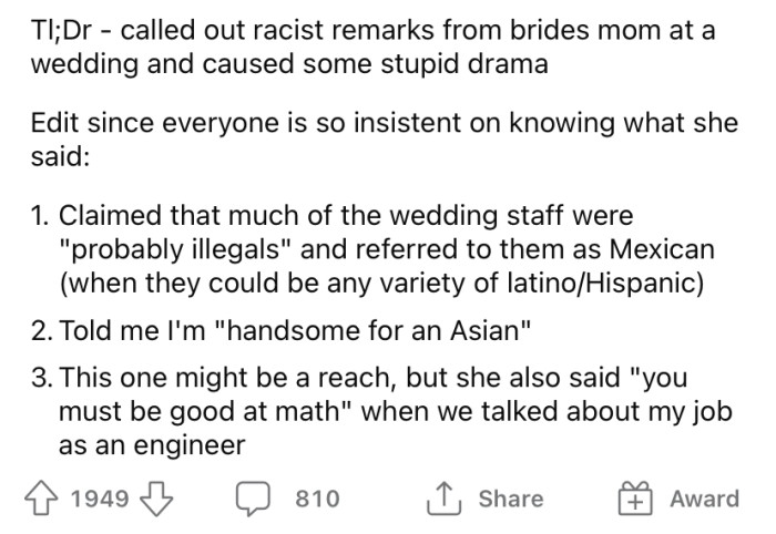 For context, the OP explained what the bride's mom actually said.