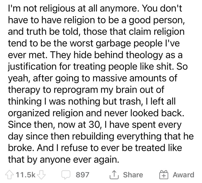 OP left organized religion and never looked back.
