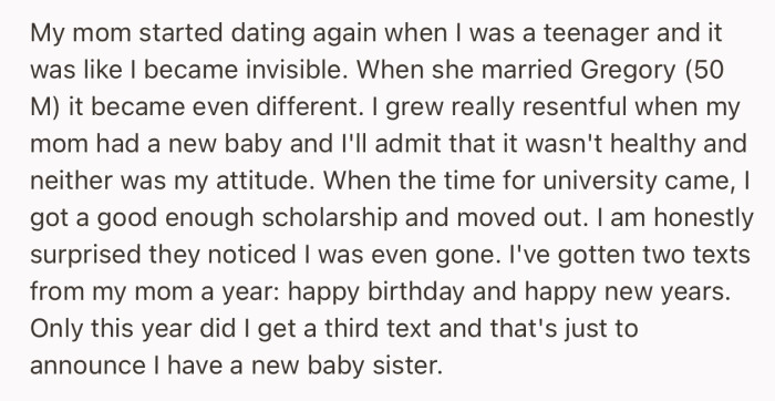 OP grew apart from her mother after she remarried and had a baby