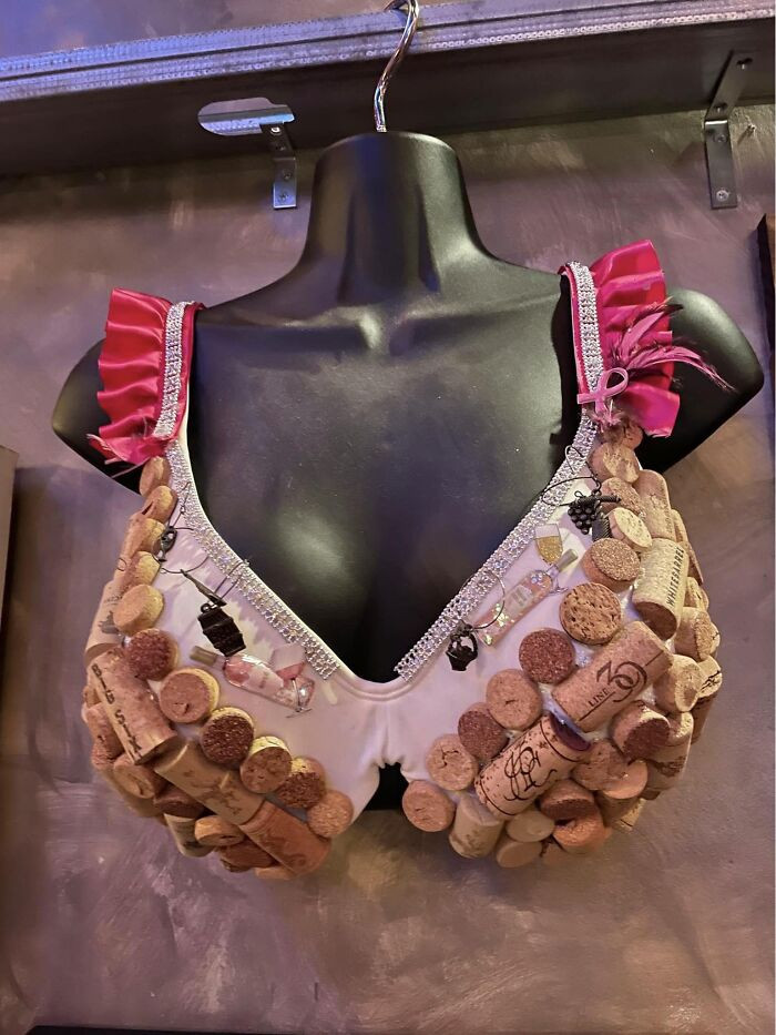 2. Wine-themed bra! 🍷 Artist unknown. This was apparently to be auctioned off for a breast cancer fundraiser. It also works as a flotation device.