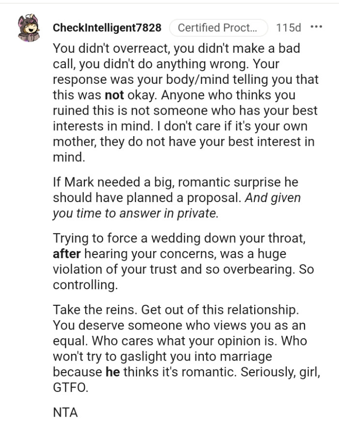 Trying to force a wedding down the OP's throat