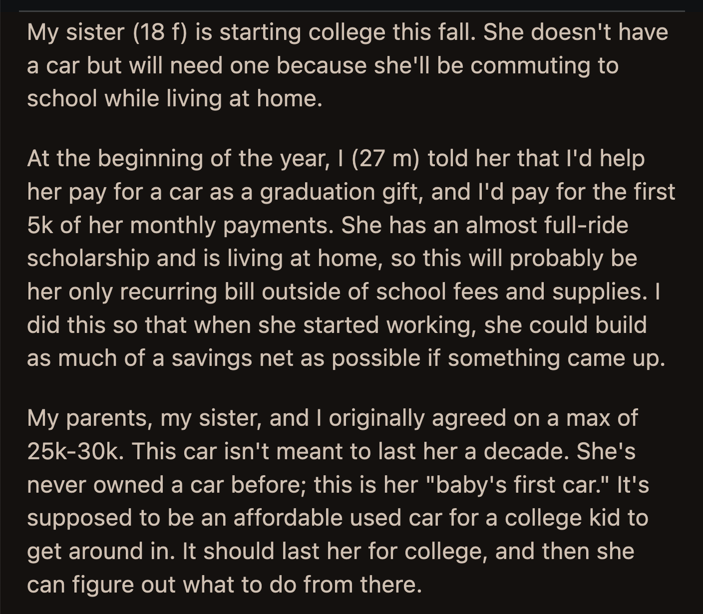 Instead of being the voice of reason, OP's parents locked his sister into a predatory car deal that none of them could afford.