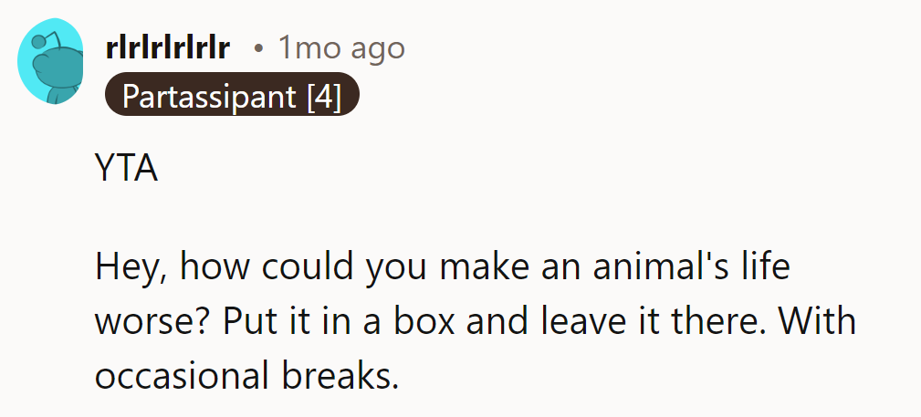 YTA? Making an animal's life worse? Try a box with breaks, occasionally.