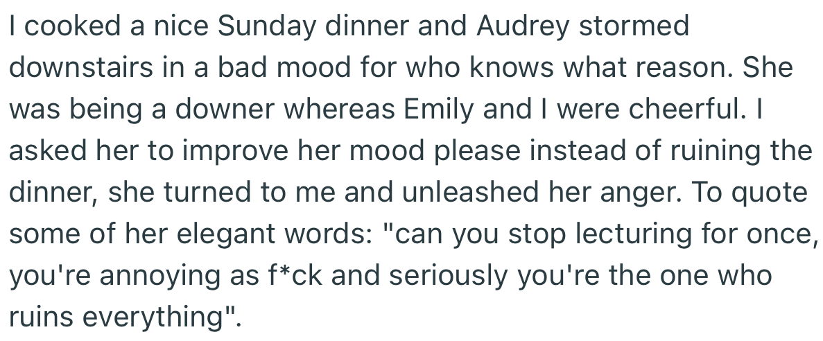 OP’s teen daughter made some rude comments to him during dinner
