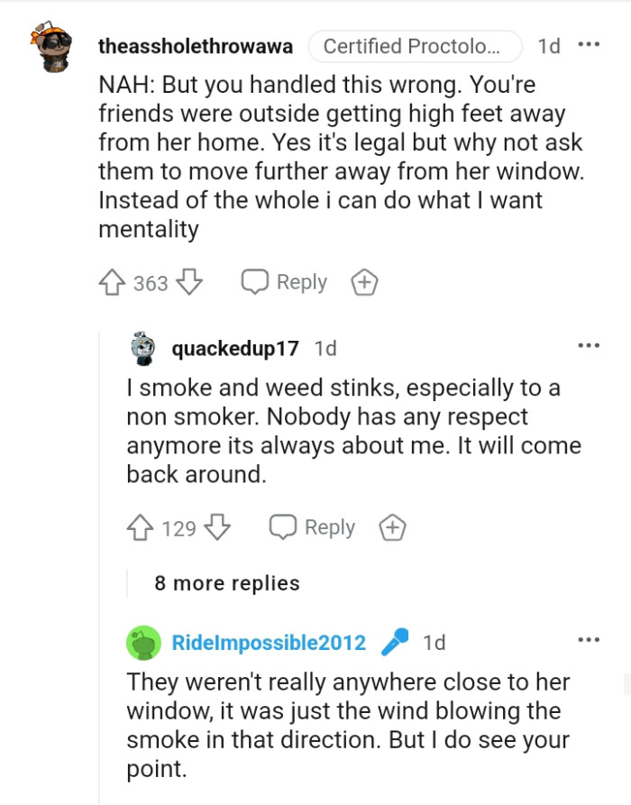 Why not ask them to smoke further away from her window?