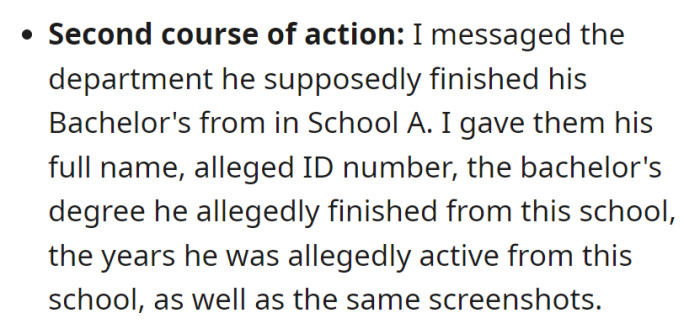 Next step: Messaged School A department with Mr. V's details and screenshots of his alleged credentials.