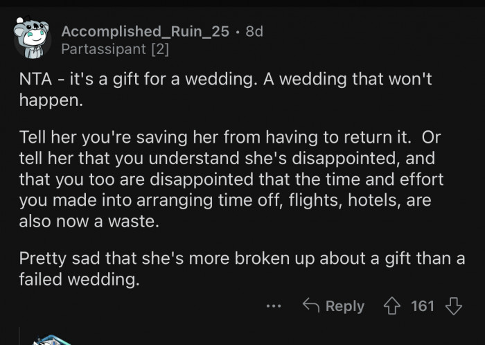 If the wedding was canceled, so should the gifts.