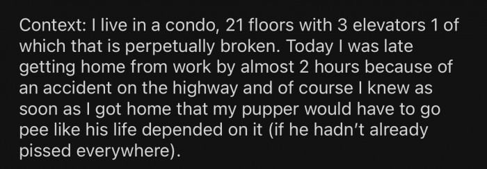 OP had to get to his condo as quickly as possible, considering the urgency of his situation.