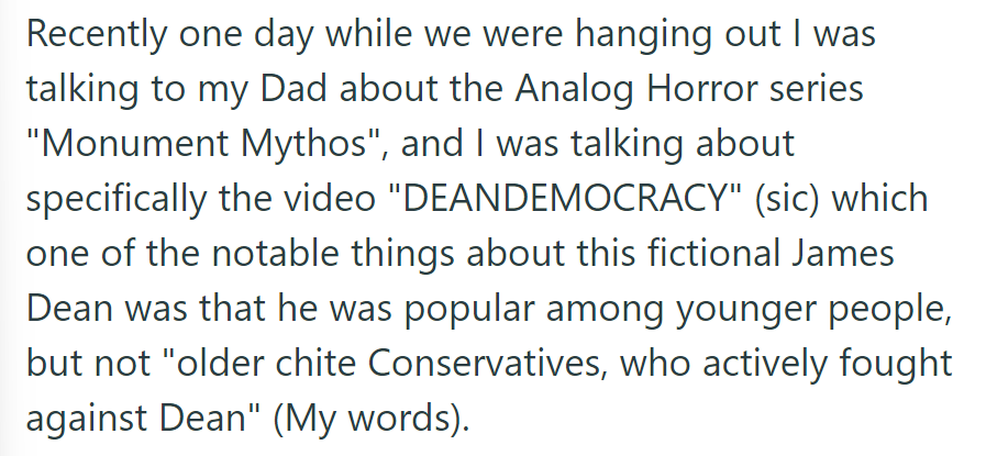 Discussed the 'Monument Mythos' series with Dad, noted the 'DEANDEMOCRACY' video featuring a clash with older conservatives.