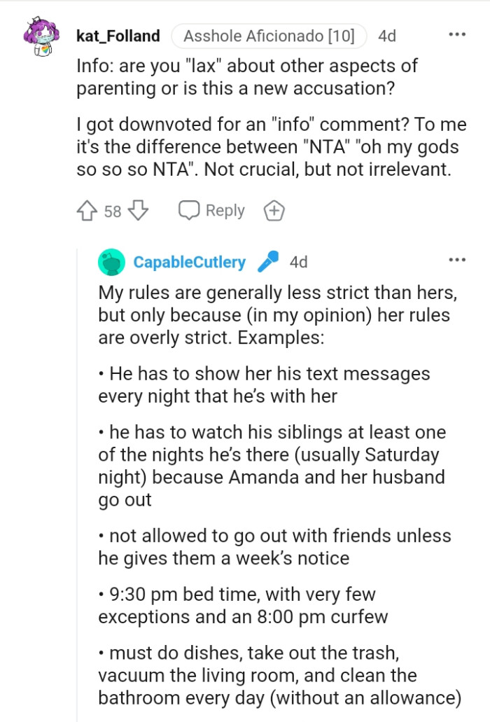 The OP says his rules are less strict than his ex's