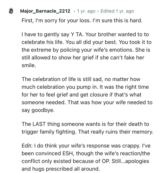 “Your Brother Wanted You All to Celebrate His Life, but You Took It to the Extreme by Policing Your Wife’s Emotions.”