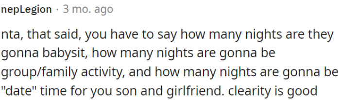 OP Has to Specify the Number of Nights for Babysitting, Family Activities, and 