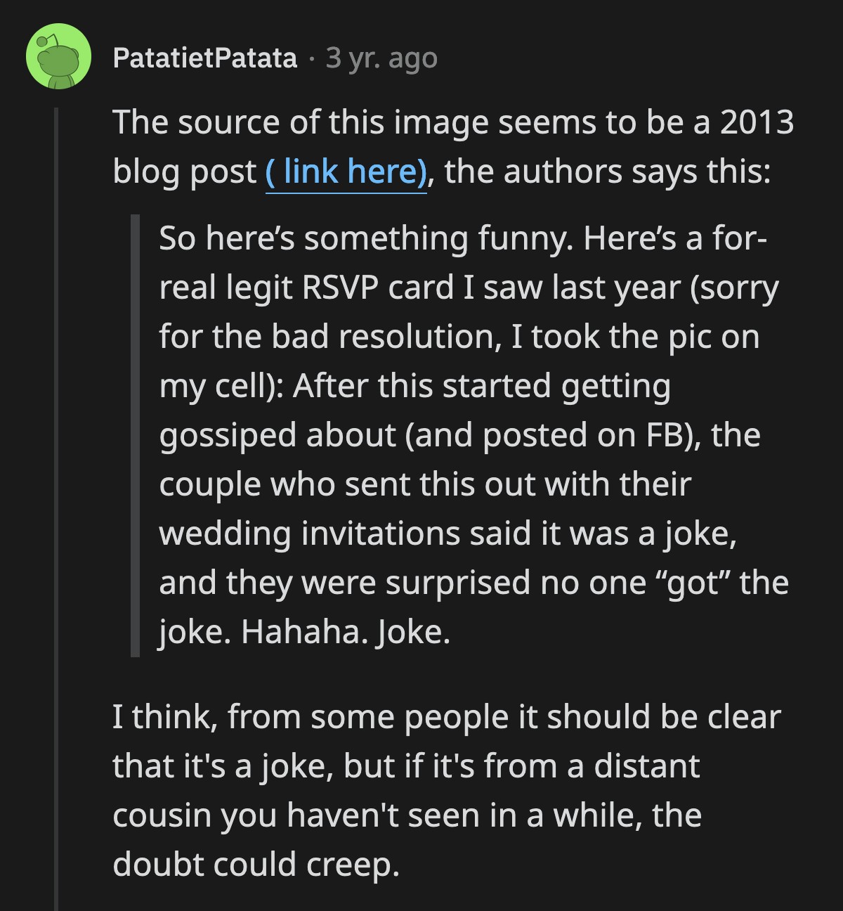 Unfortunately, the original blog that shared the photo of the RSVP clearly stated it was for a wedding.