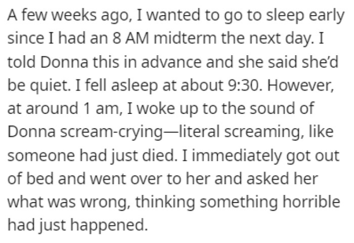The night before an exam, OP heard Donna screaming at around 1 AM, so she went over to check on her