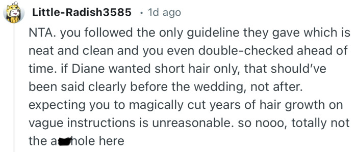“If Diane wanted short hair only, that should’ve been said clearly before the wedding, not after.”