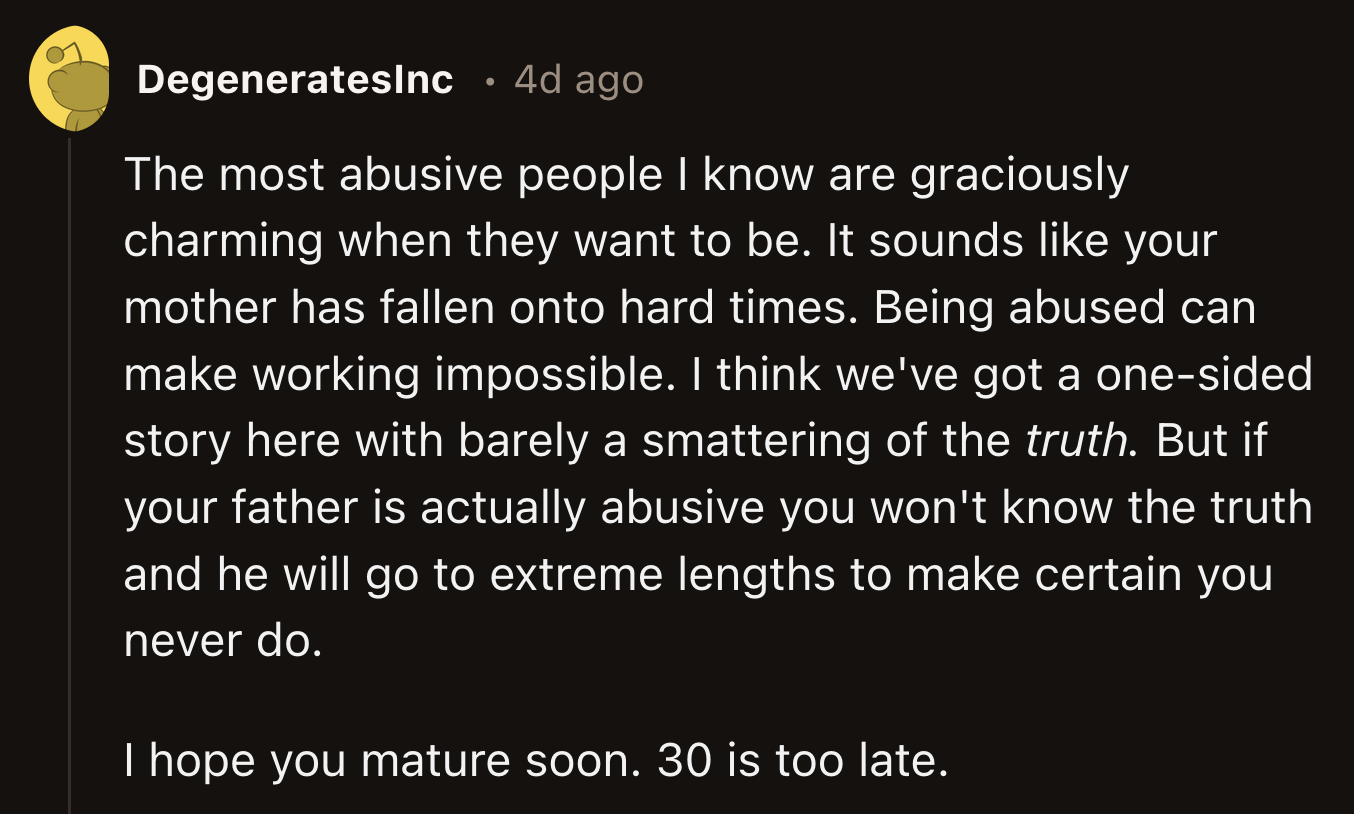 A commenter made a wild leap and speculated whether her mom's addiction was caused by abuse.