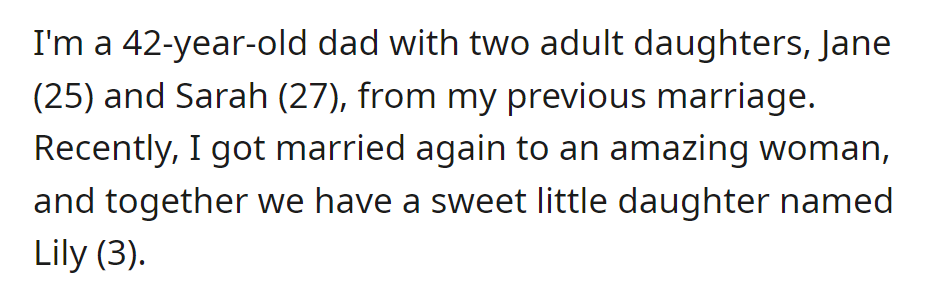 A 42-year-old dad (OP) with two adult daughters recently remarried, and now has a three-year-old daughter named Lily with his new wife.