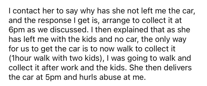 The OP contacted her to say he would be needing the car, so she brought it back begrudgingly.