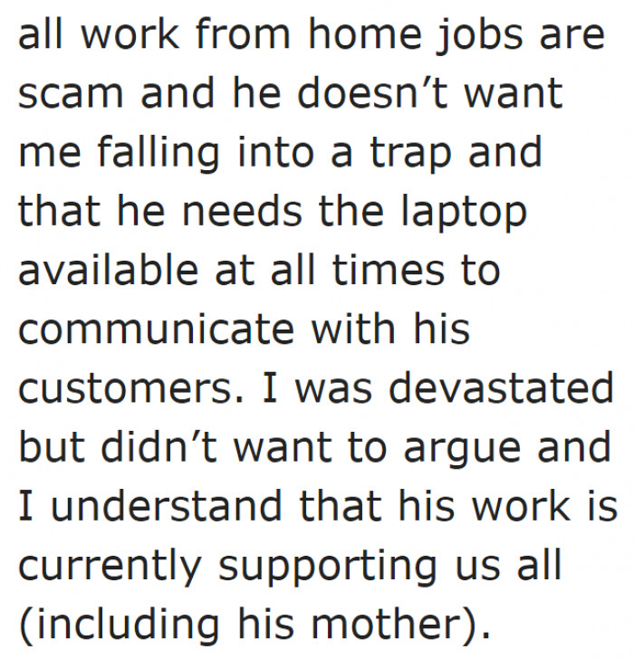 The husband and his family want her to be a stay-at-home mom.