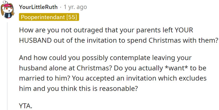 She should be mad at her parents for excluding her husband