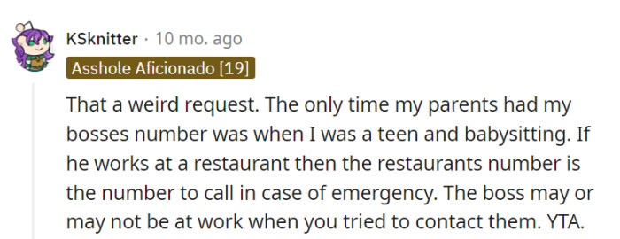 The parent's request for the boss's number is as unusual as ordering takeout from a library.