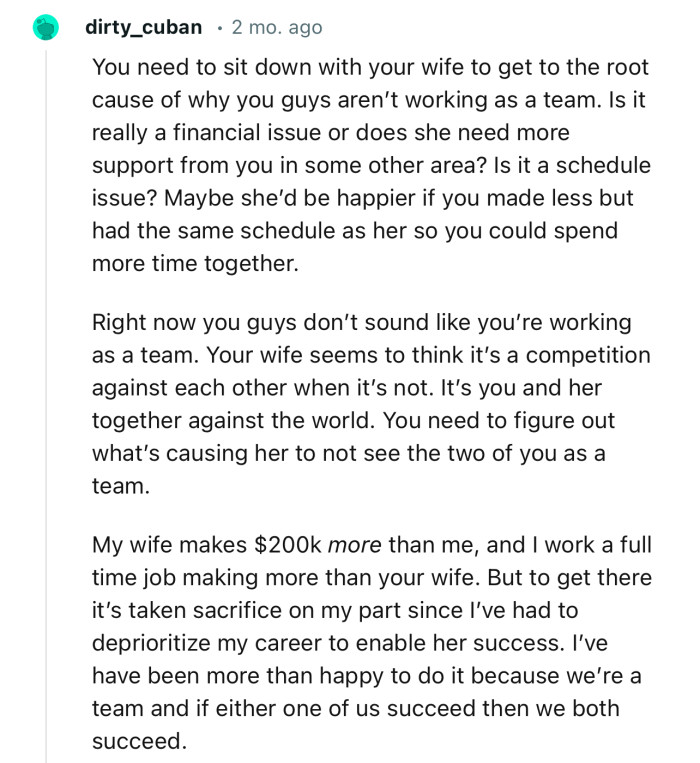 “Right Now You Guys Don’t Sound Like You’re Working as a Team. Your Wife Seems to Think It’s a Competition Against Each Other When It’s Not.”