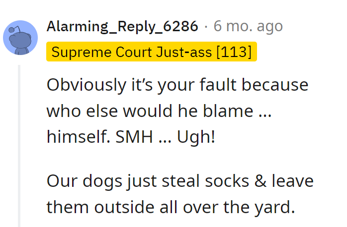 Blaming herself is so not his style. It's obviously her fault. Meanwhile, their dogs operate a sock syndicate in the yard.
