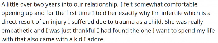 OP was honest to his partner about his infertility and the reasons for it.