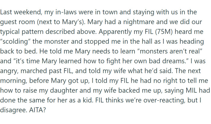 Whenever Mary had a nightmare, she would make her way from her room to her parents', quietly waking either her father or mother and telling them the monster had given her bad dreams.