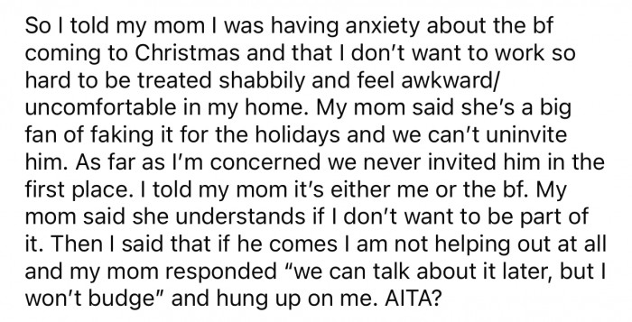 OP gave her mom an ultimatum but later doubted how she handled the situation.