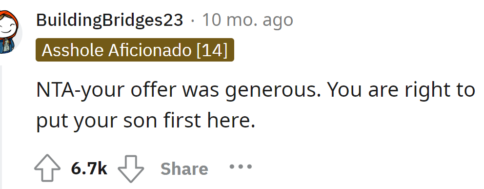 A Redditor said the OP is right for putting his family first