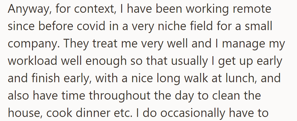 He works remotely, manages his workload well, and has time for a lunch walk, housework, and cooking.