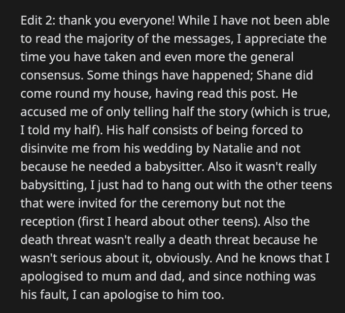 Shane, on the other hand, had different ideas. He showed up at OP's house and tried to relinquish any responsibility for what happened 10 years ago.