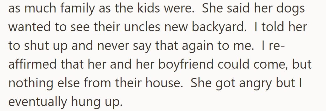 She argued her dogs were family, but OP disagreed. Only she and her boyfriend were invited.