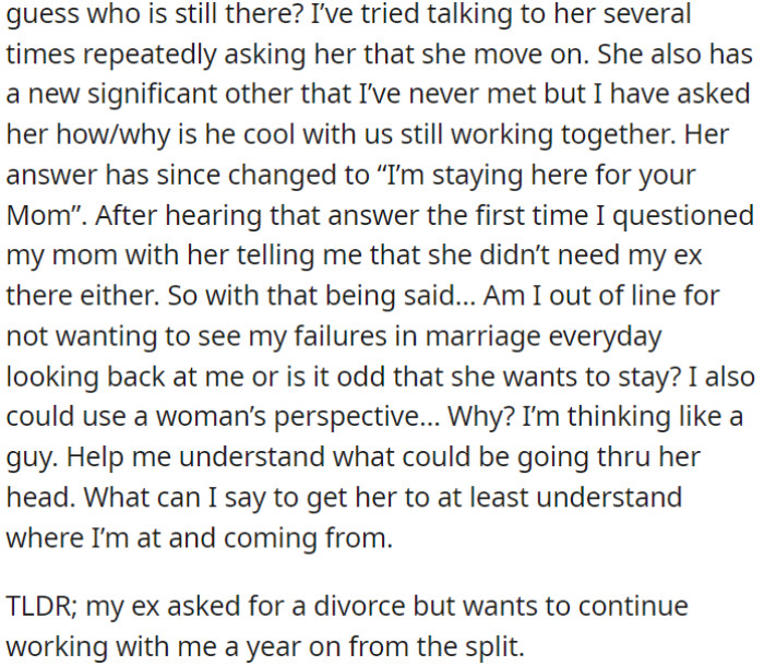 Now, OP seeks advice on how to understand his ex-wife's perspective.