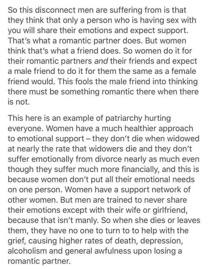Men tend to rely on their emotional and sexual partners for support.