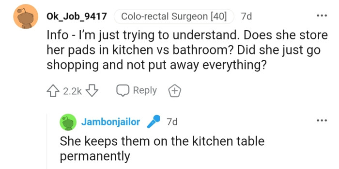 OP's mom uses the kitchen table as a permanent storage for her pads