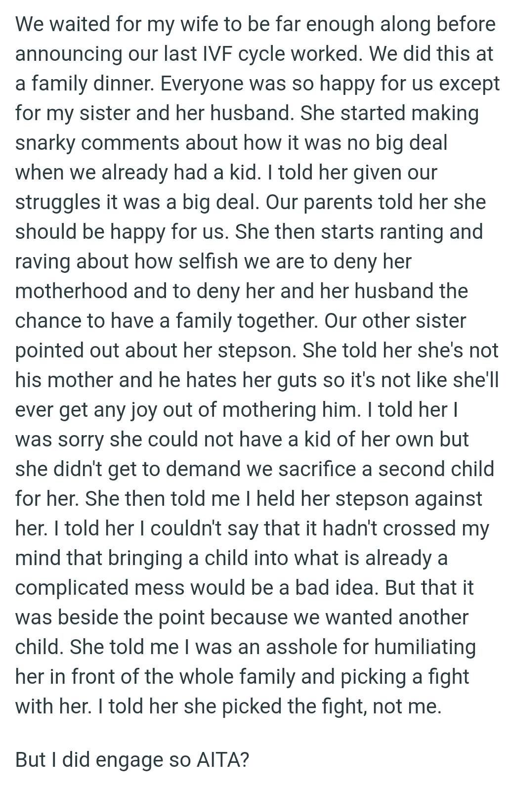 OP's sister doesn't get to demand they sacrifice a second child for her