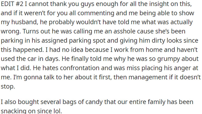 OP discovers the real issue behind husband's anger, plan to address neighbor's behavior.