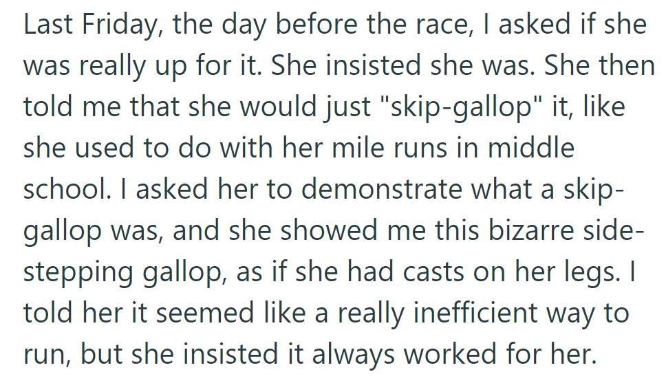 Before the race, the man asked his girlfriend if she was ready. She planned to 